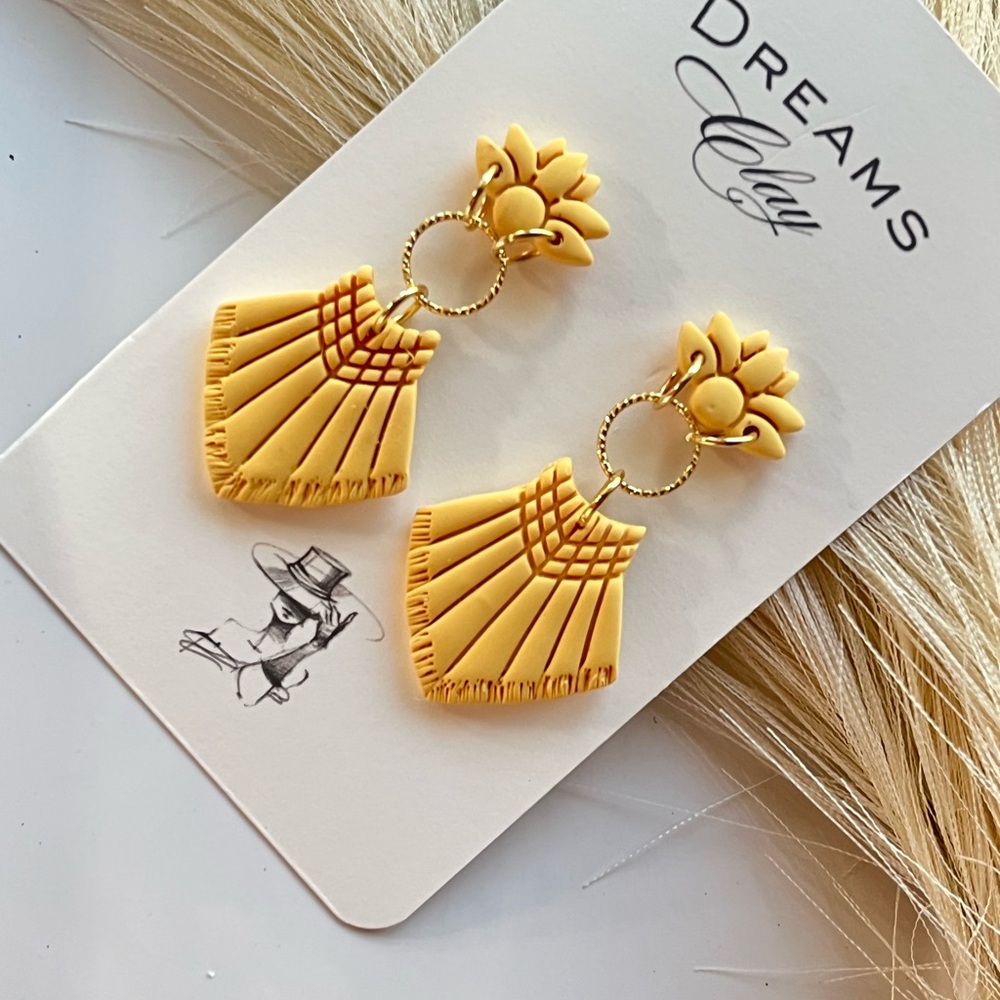 Mustard Yellow Floral Statement Drop Earrings Polymer Clay